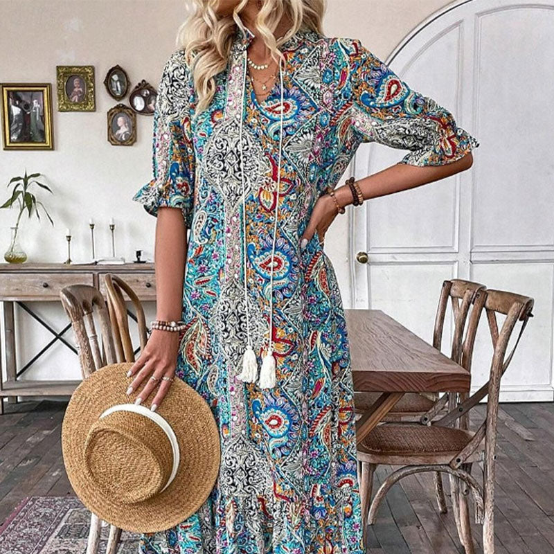 Women's Boho Paisley Dress – V-Neck Pom Pom Tie Summer Dress, 3 Colours