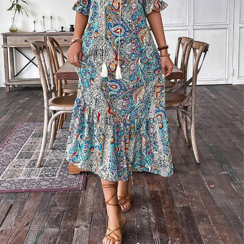 Women's Boho Paisley Dress – V-Neck Pom Pom Tie Summer Dress, 3 Colours