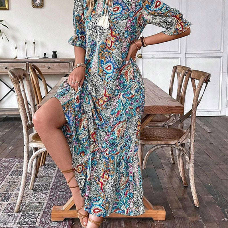 Women's Boho Paisley Dress – V-Neck Pom Pom Tie Summer Dress, 3 Colours