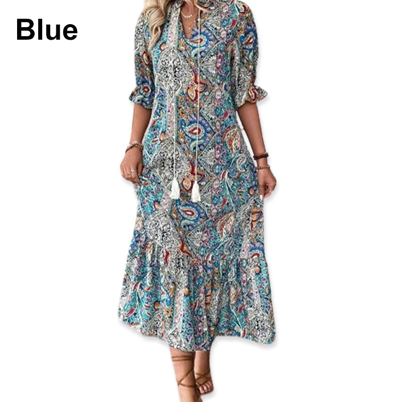 Women's Boho Paisley Dress – V-Neck Pom Pom Tie Summer Dress, 3 Colours