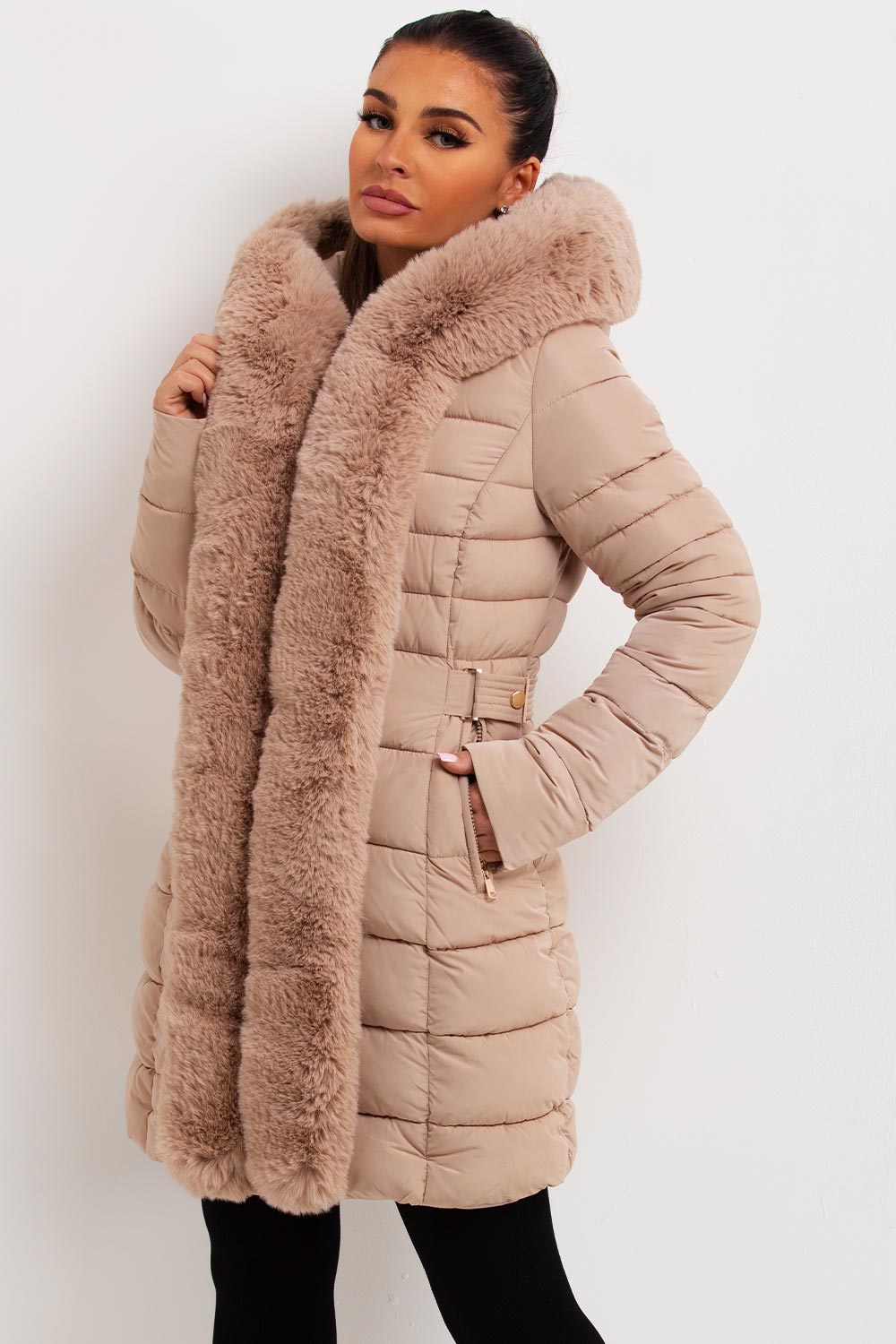 Women's Beige Long Puffer Coat – Belted, Detachable Faux Fur Hood