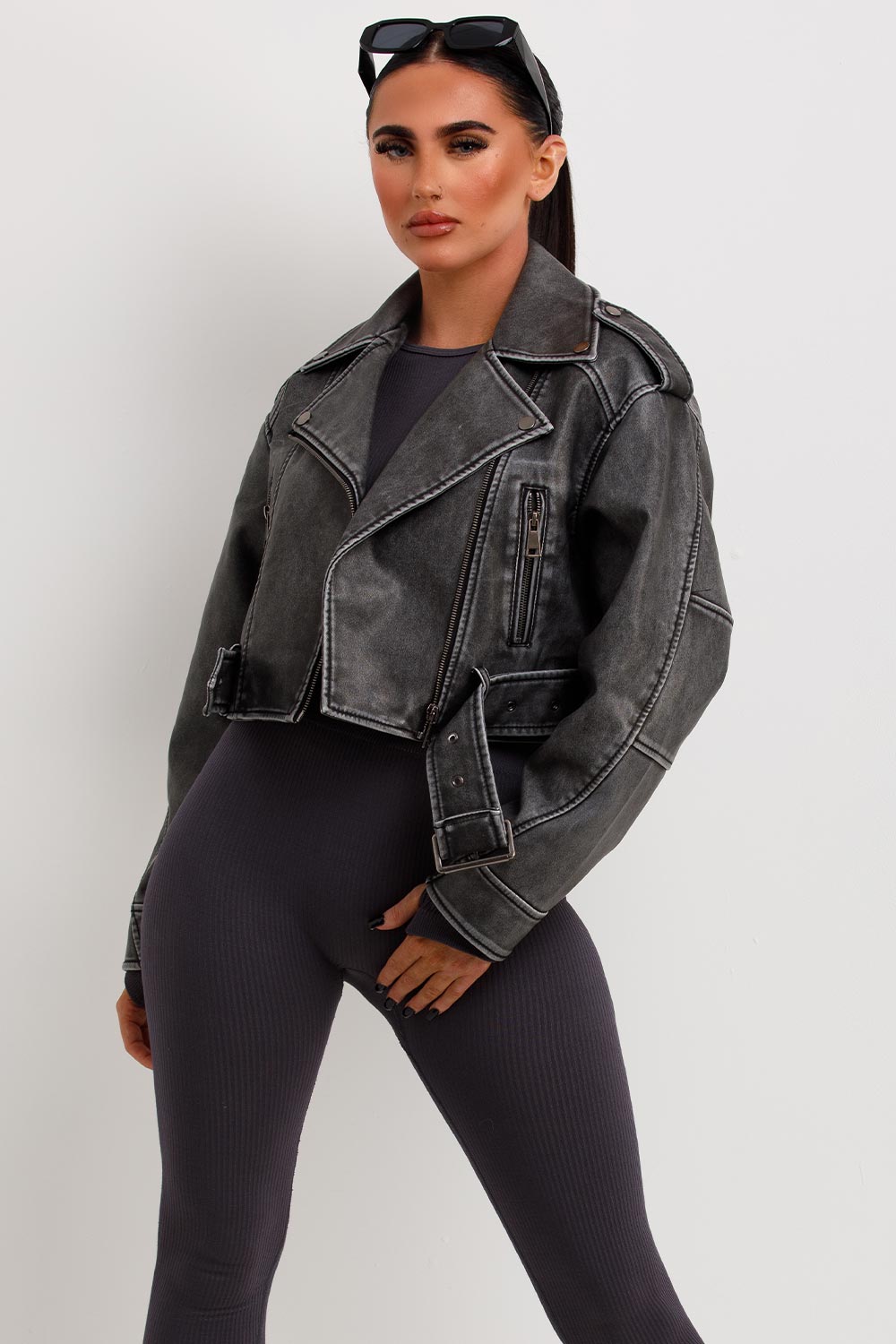 Women's Grey Faux Leather Jacket – Belted Cropped Lapel Jacket