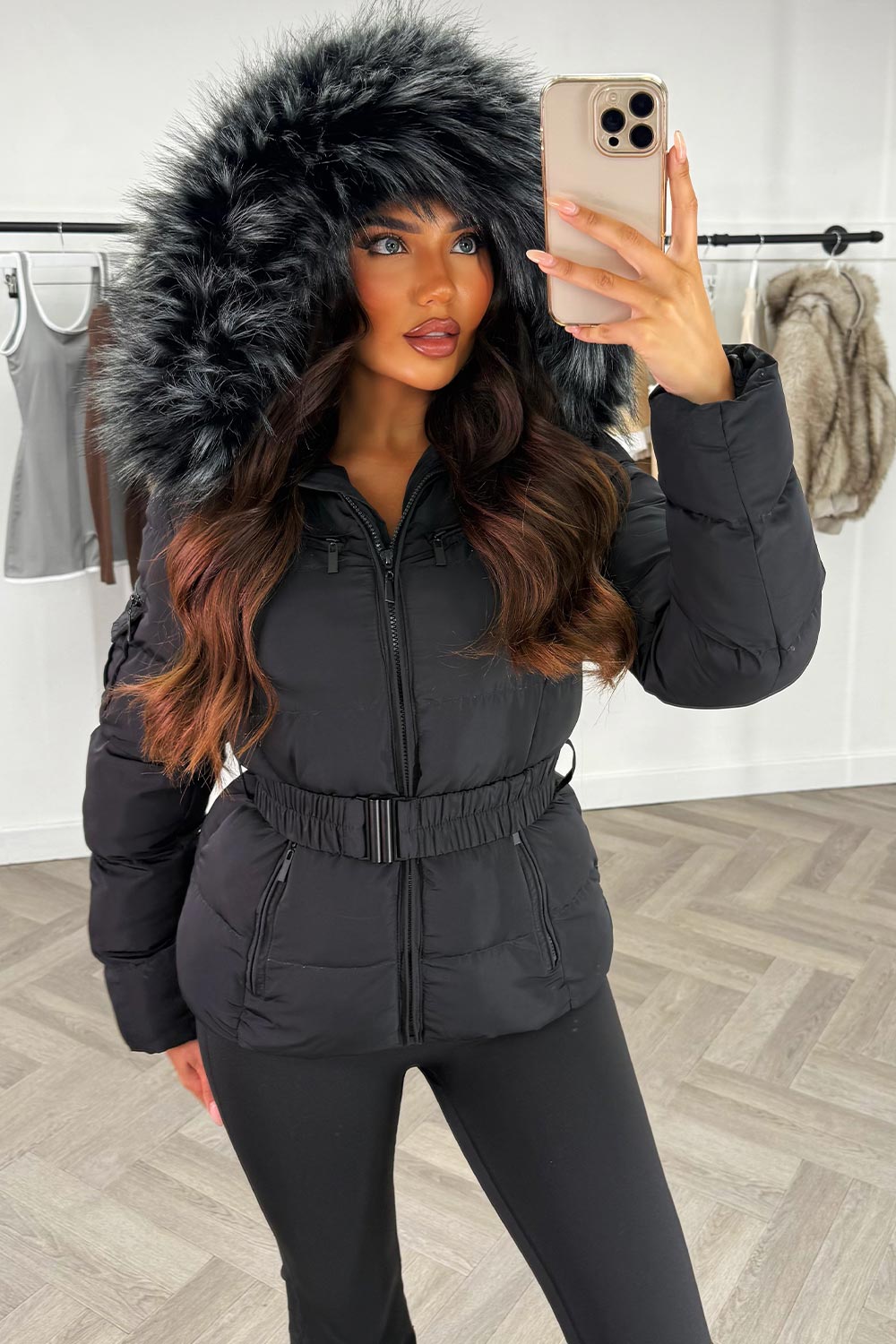 Women's Black Belted Puffer Coat – Quilted, Detachable Faux Fur Hood