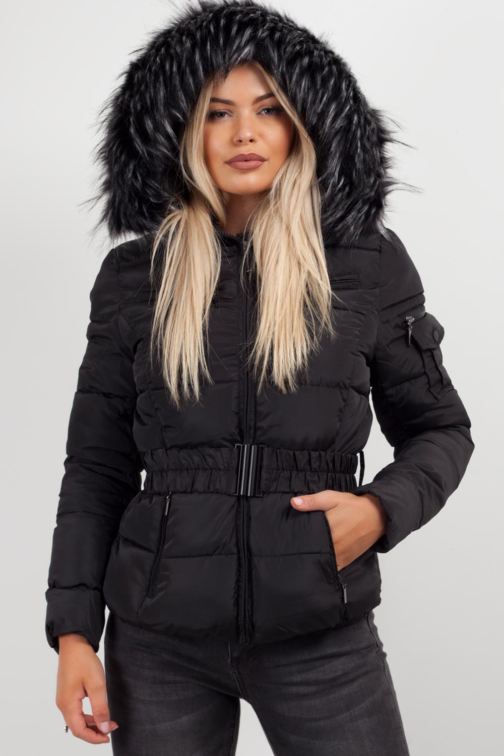 Women's Black Belted Puffer Coat – Quilted, Detachable Faux Fur Hood