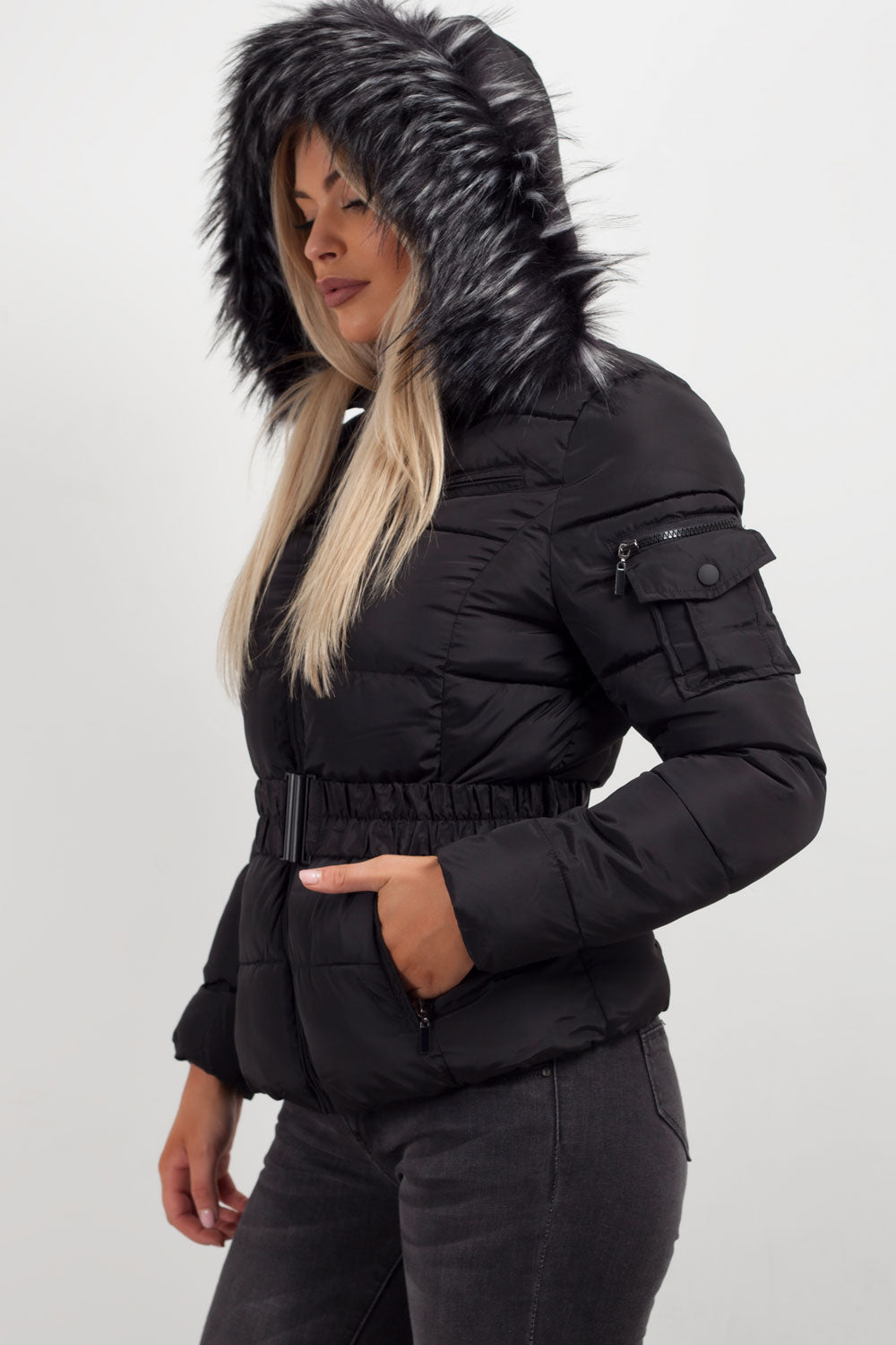 Women's Black Belted Puffer Coat – Quilted, Detachable Faux Fur Hood
