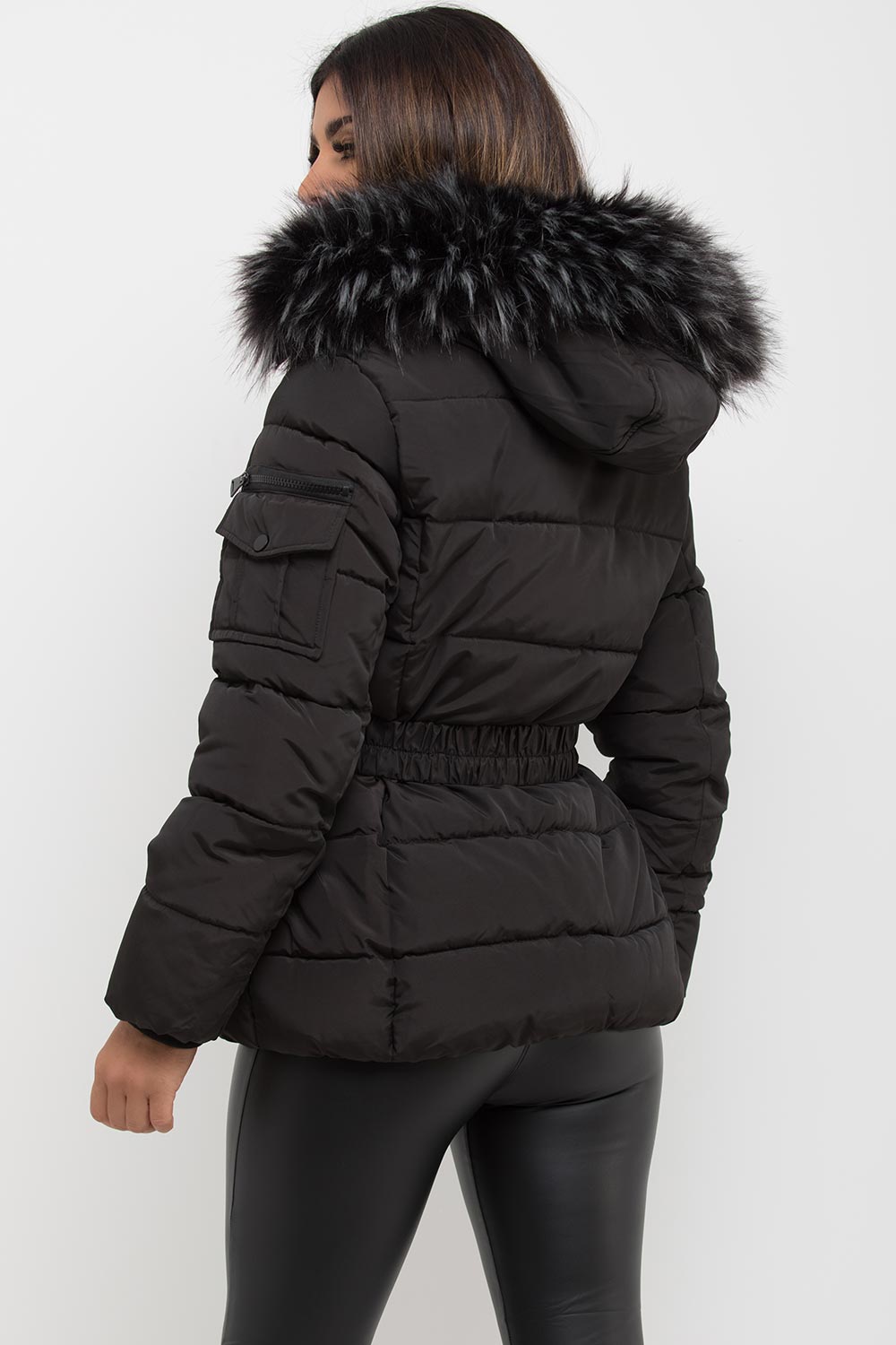 Women's Black Belted Puffer Coat – Quilted, Detachable Faux Fur Hood