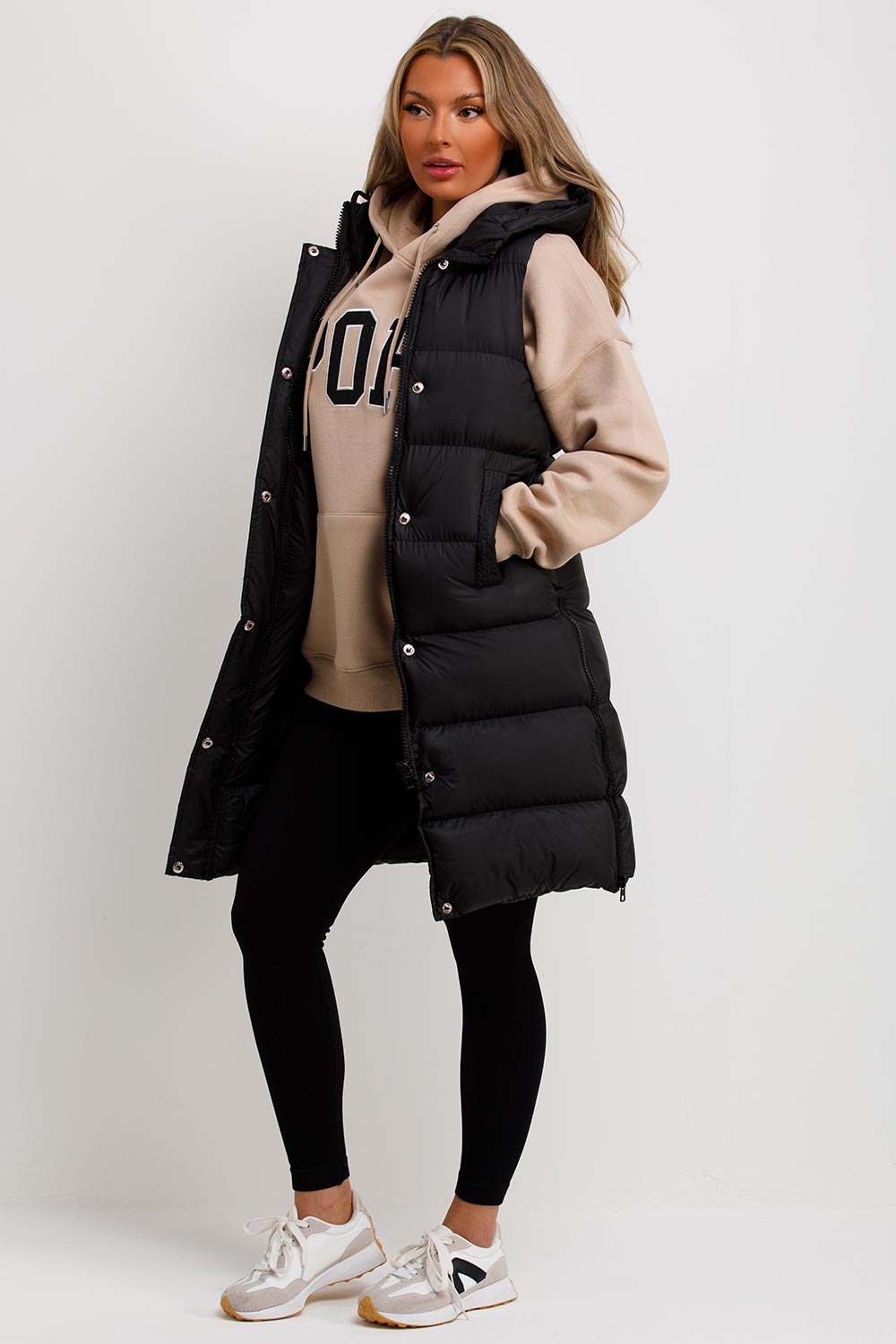 Women's Black Padded Longline Gilet – Hooded Sleeveless Puffer Body Warmer