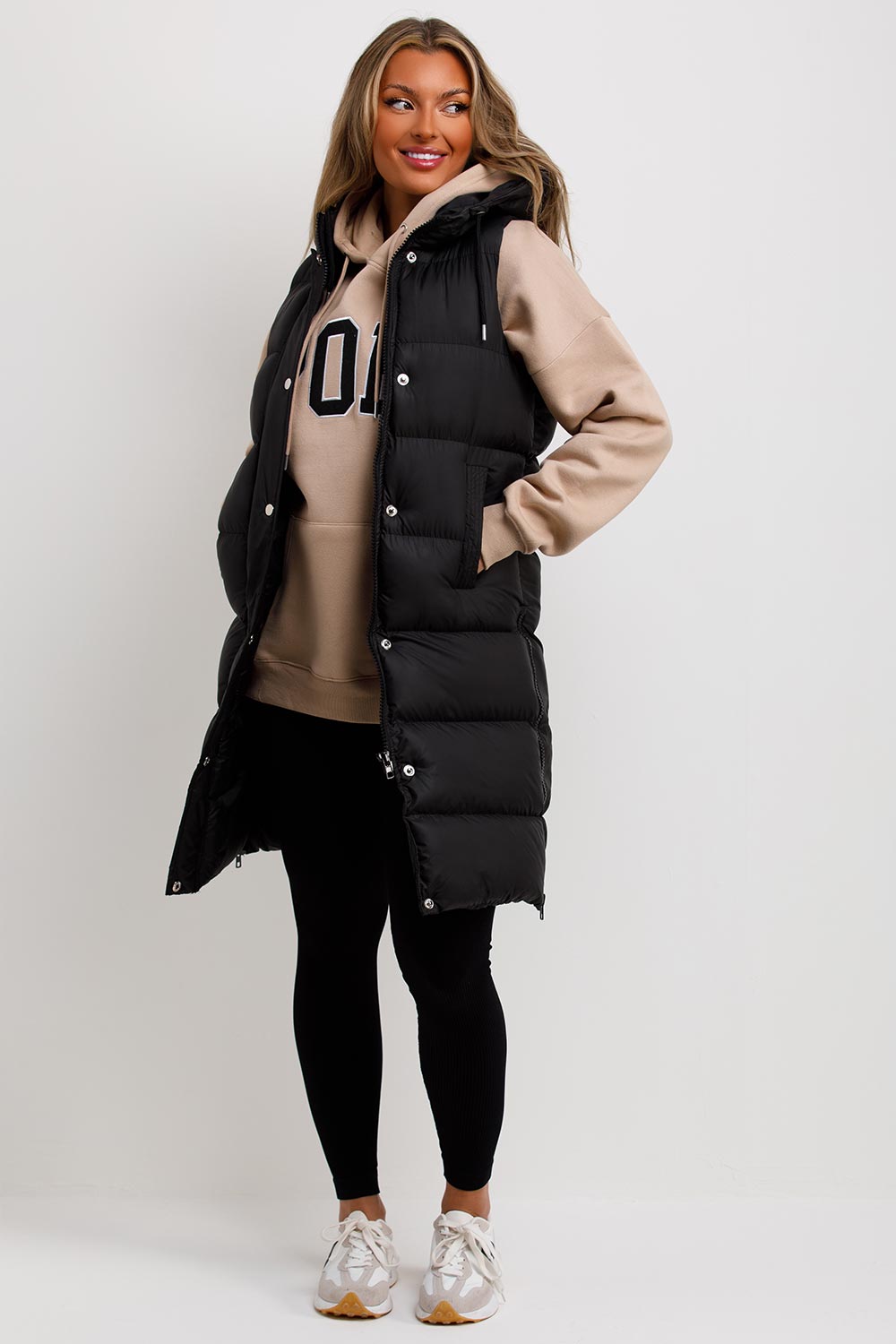 Women's Black Padded Longline Gilet – Hooded Sleeveless Puffer Body Warmer
