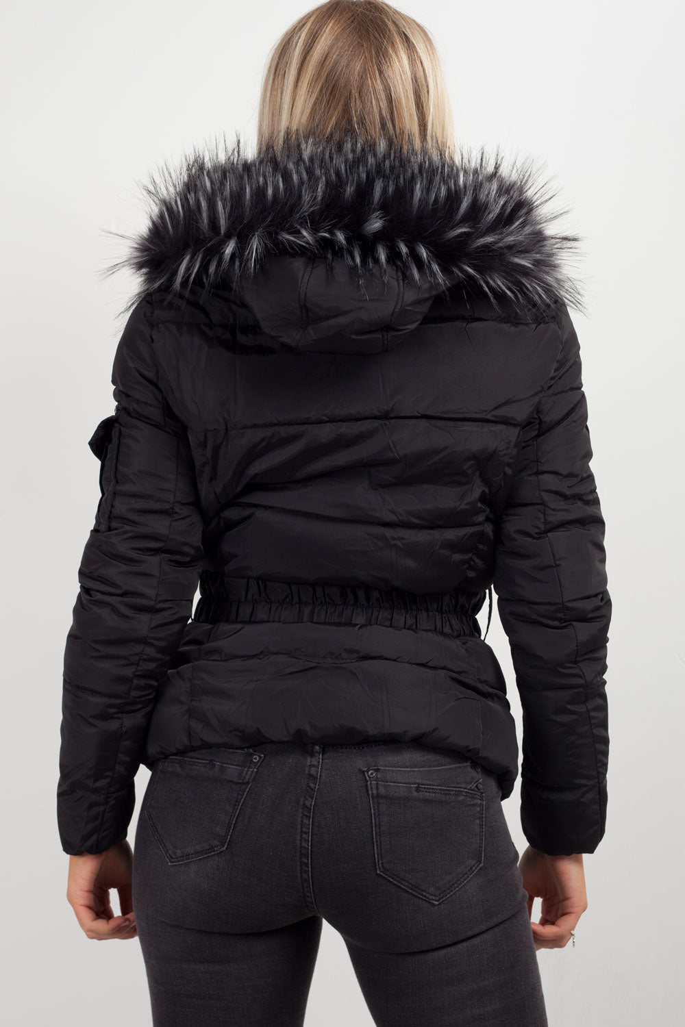Women's Black Belted Puffer Coat – Quilted, Detachable Faux Fur Hood