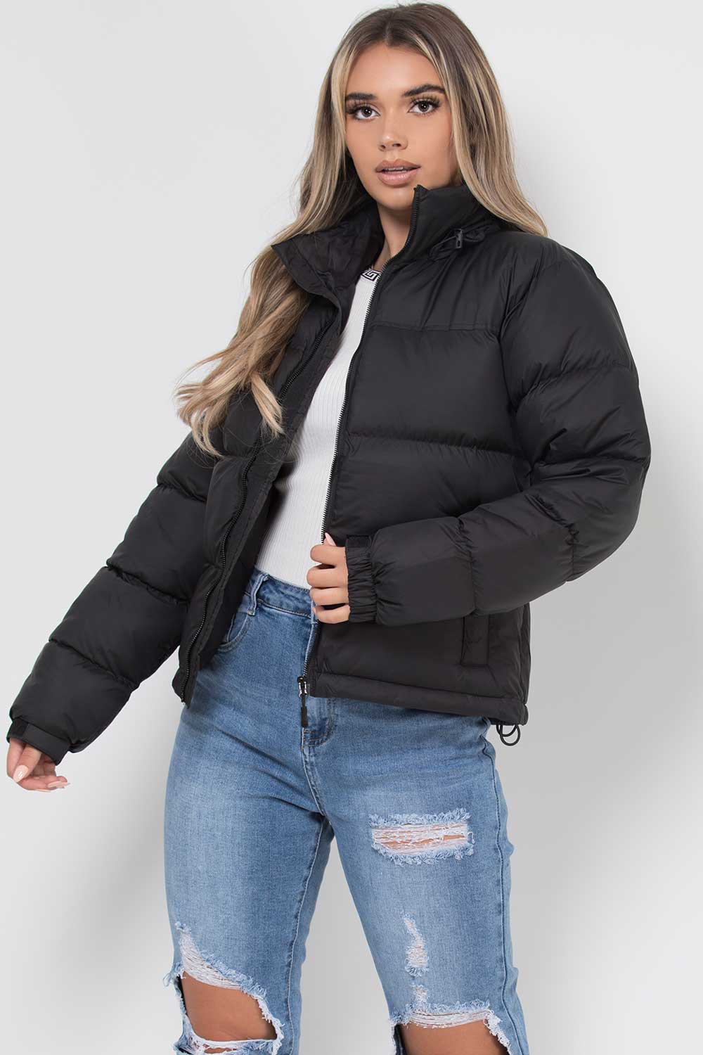 Women's Black Puffer Jacket – Quilted Padded Jacket with Concealed Hood