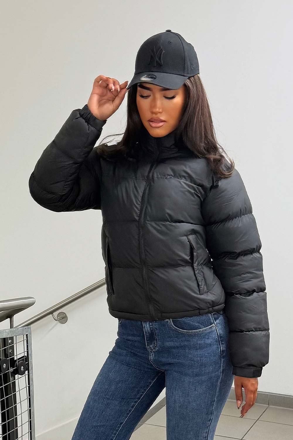 Women's Black Puffer Jacket – Quilted Padded Jacket with Concealed Hood