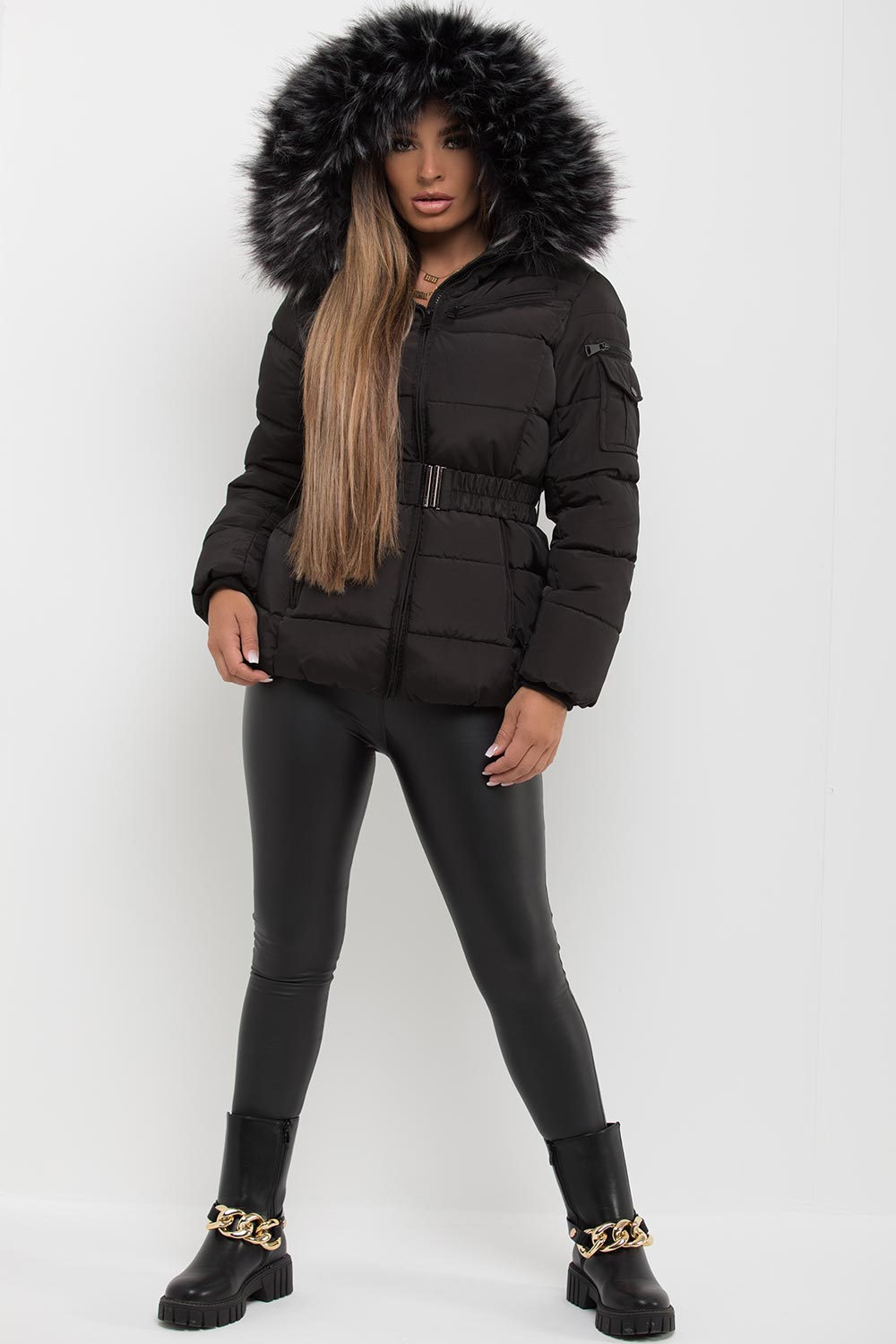 Women's Black Belted Puffer Coat – Quilted, Detachable Faux Fur Hood