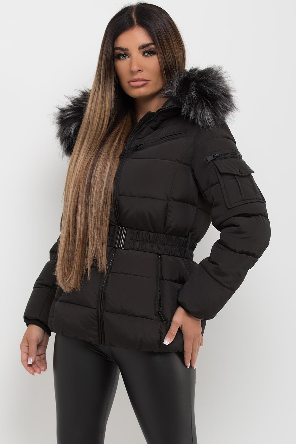 Women's Black Belted Puffer Coat – Quilted, Detachable Faux Fur Hood