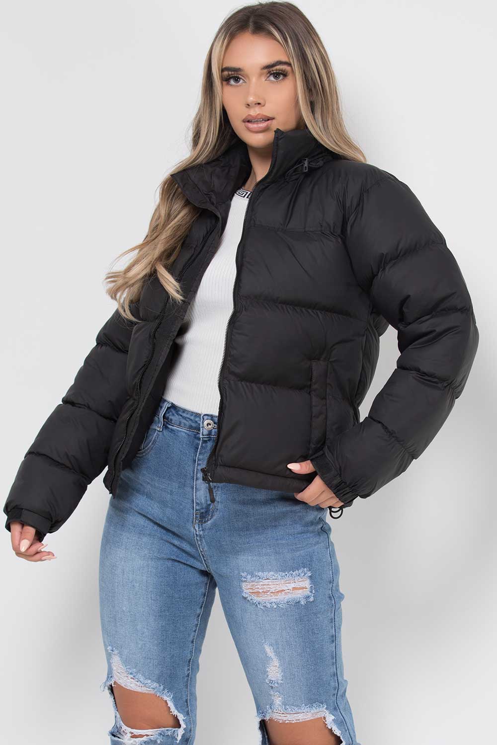 Women's Black Puffer Jacket – Quilted Padded Jacket with Concealed Hood