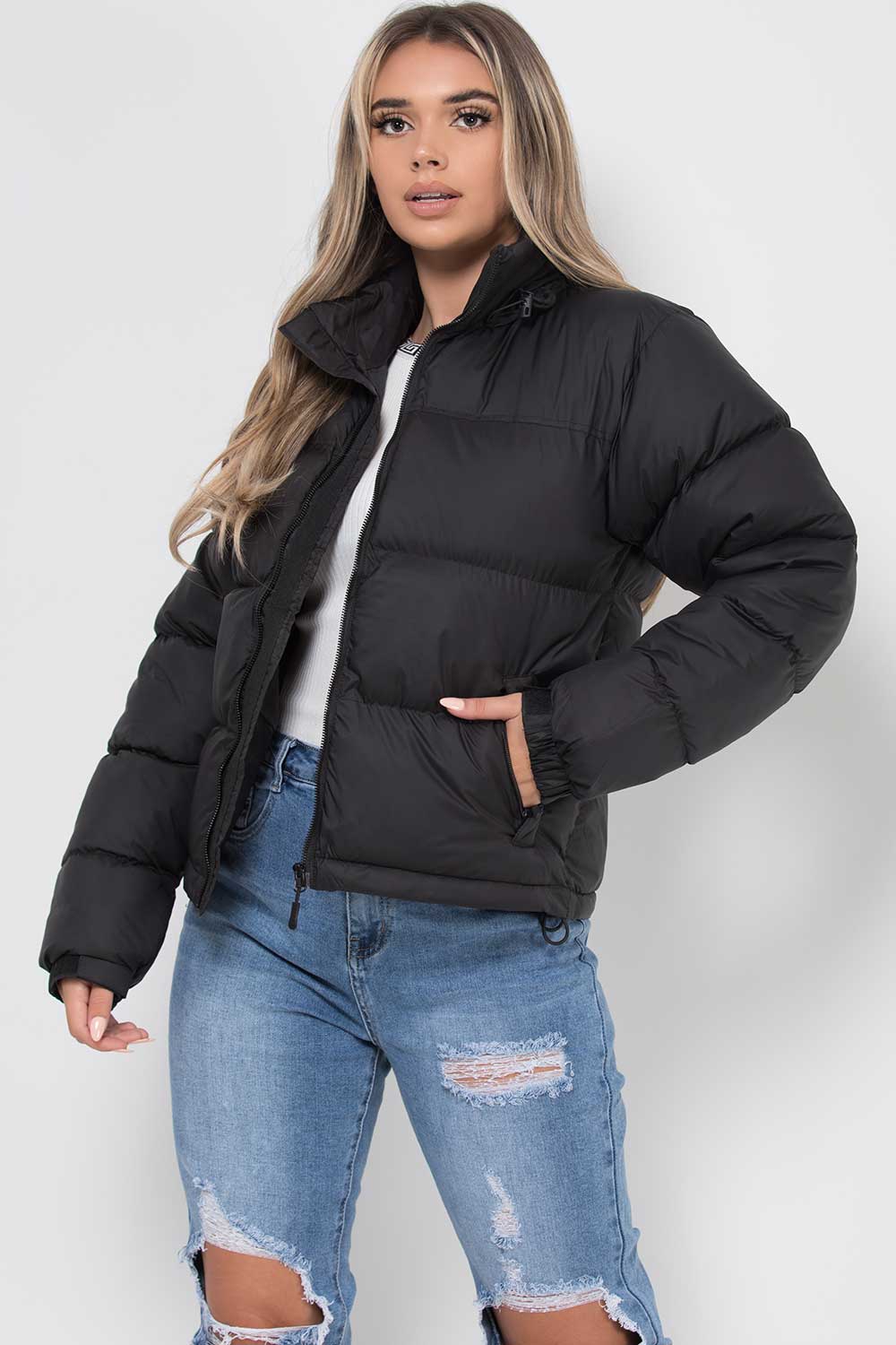 Women's Black Puffer Jacket – Quilted Padded Jacket with Concealed Hood