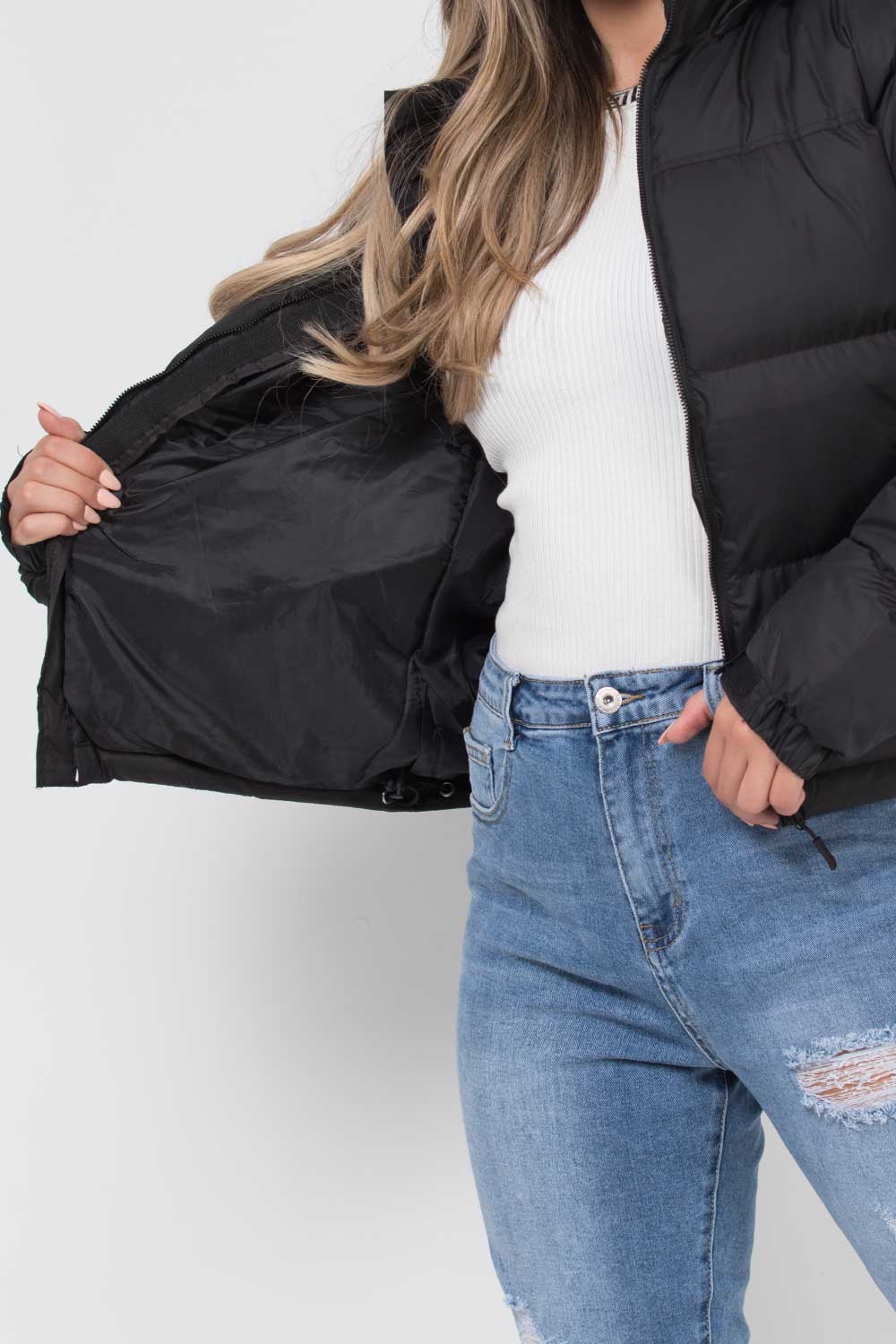 Women's Black Puffer Jacket – Quilted Padded Jacket with Concealed Hood