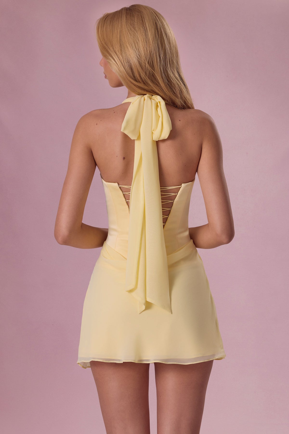 Women's Butter Yellow Satin Mini Dress – Draped Halterneck Occasion Dress
