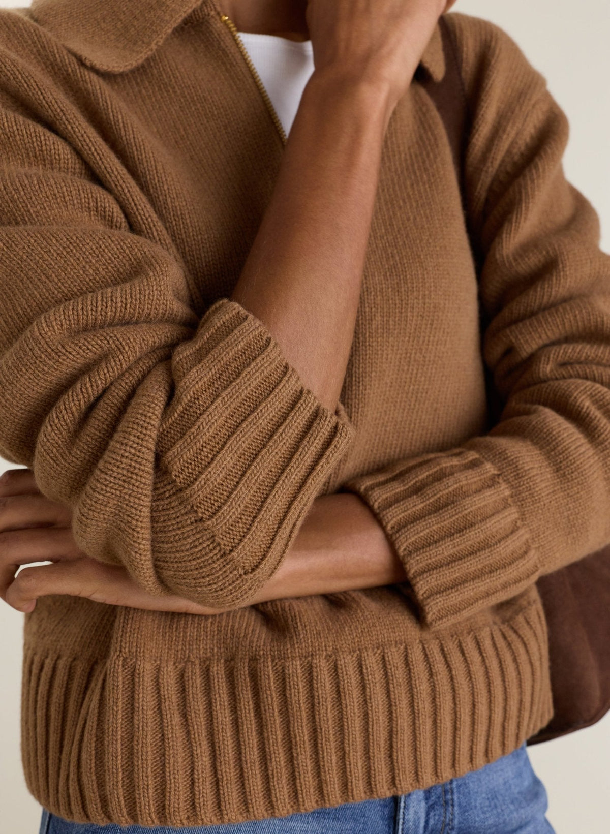 Women's Camel Quarter Zip Jumper – Collared Relaxed Knit