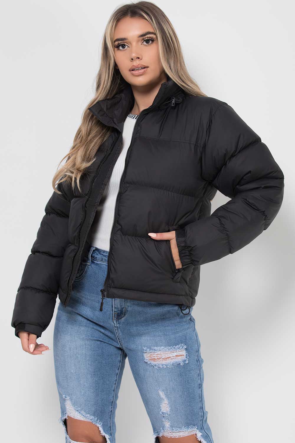 Women's Black Puffer Jacket – Quilted Padded Jacket with Concealed Hood