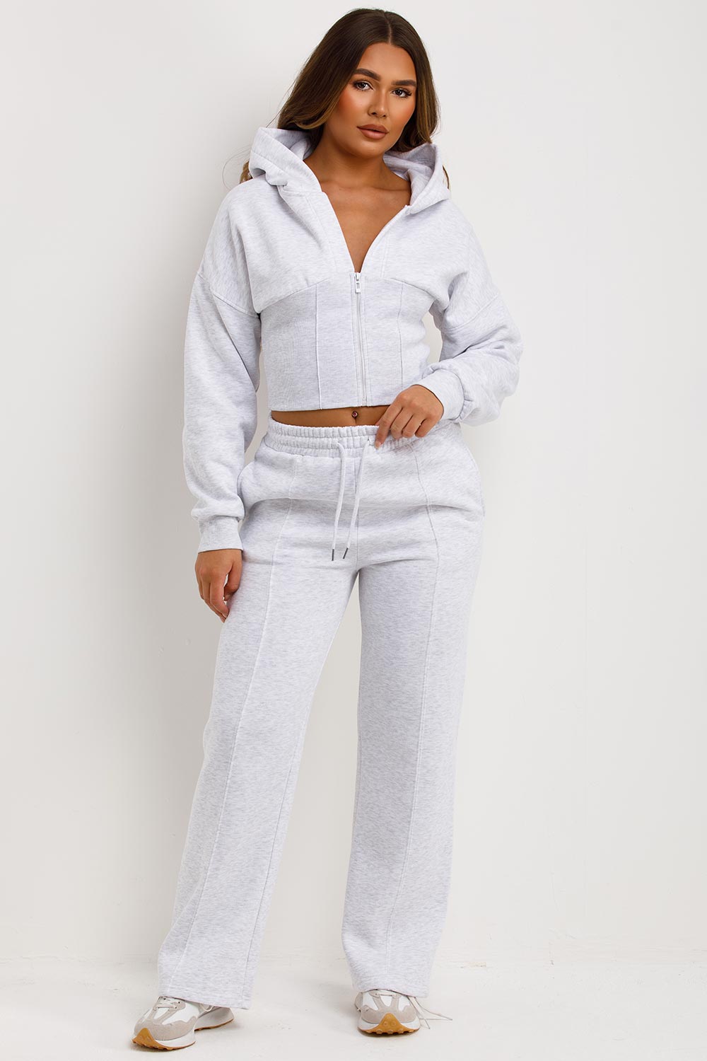 Women's Grey Marl Corset Hoodie & Joggers Set – Cropped Tracksuit Co-ord