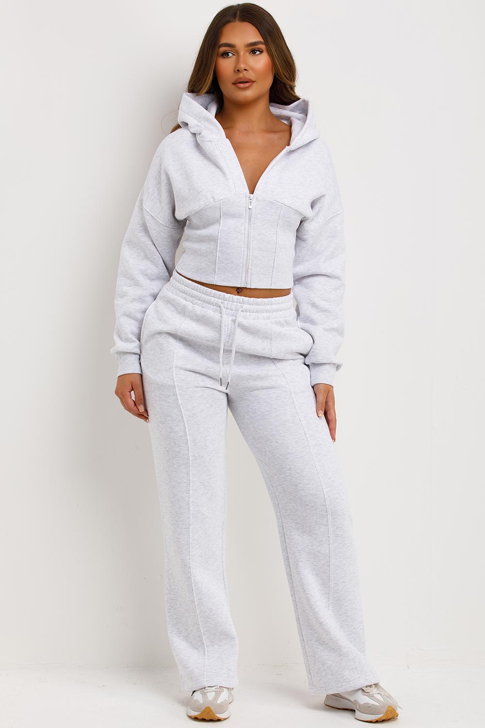 Women's Grey Marl Corset Hoodie & Joggers Set – Cropped Tracksuit Co-ord