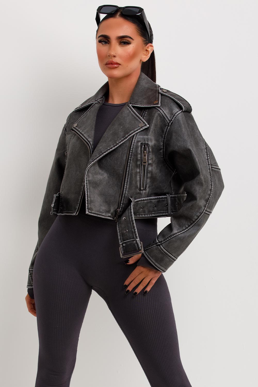 Women's Grey Faux Leather Jacket – Belted Cropped Lapel Jacket