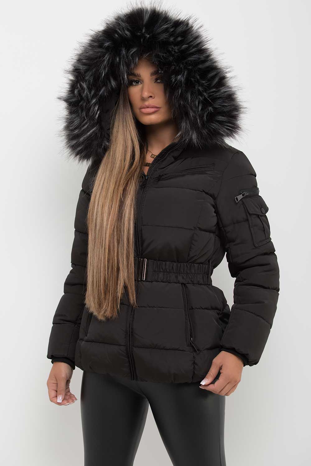 Women's Black Belted Puffer Coat – Quilted, Detachable Faux Fur Hood