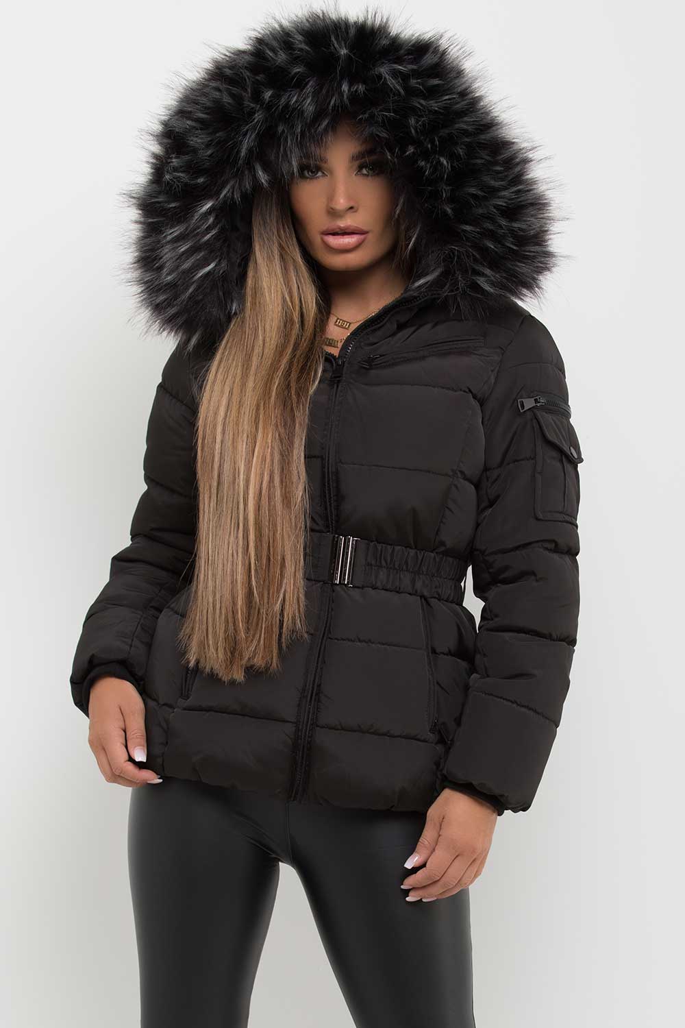 Women's Black Belted Puffer Coat – Quilted, Detachable Faux Fur Hood