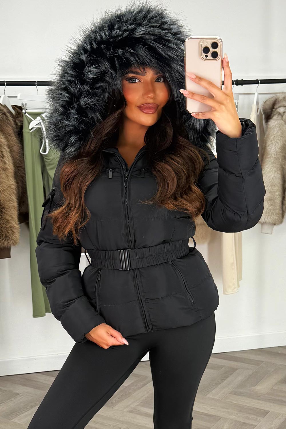 Women's Black Belted Puffer Coat – Quilted, Detachable Faux Fur Hood