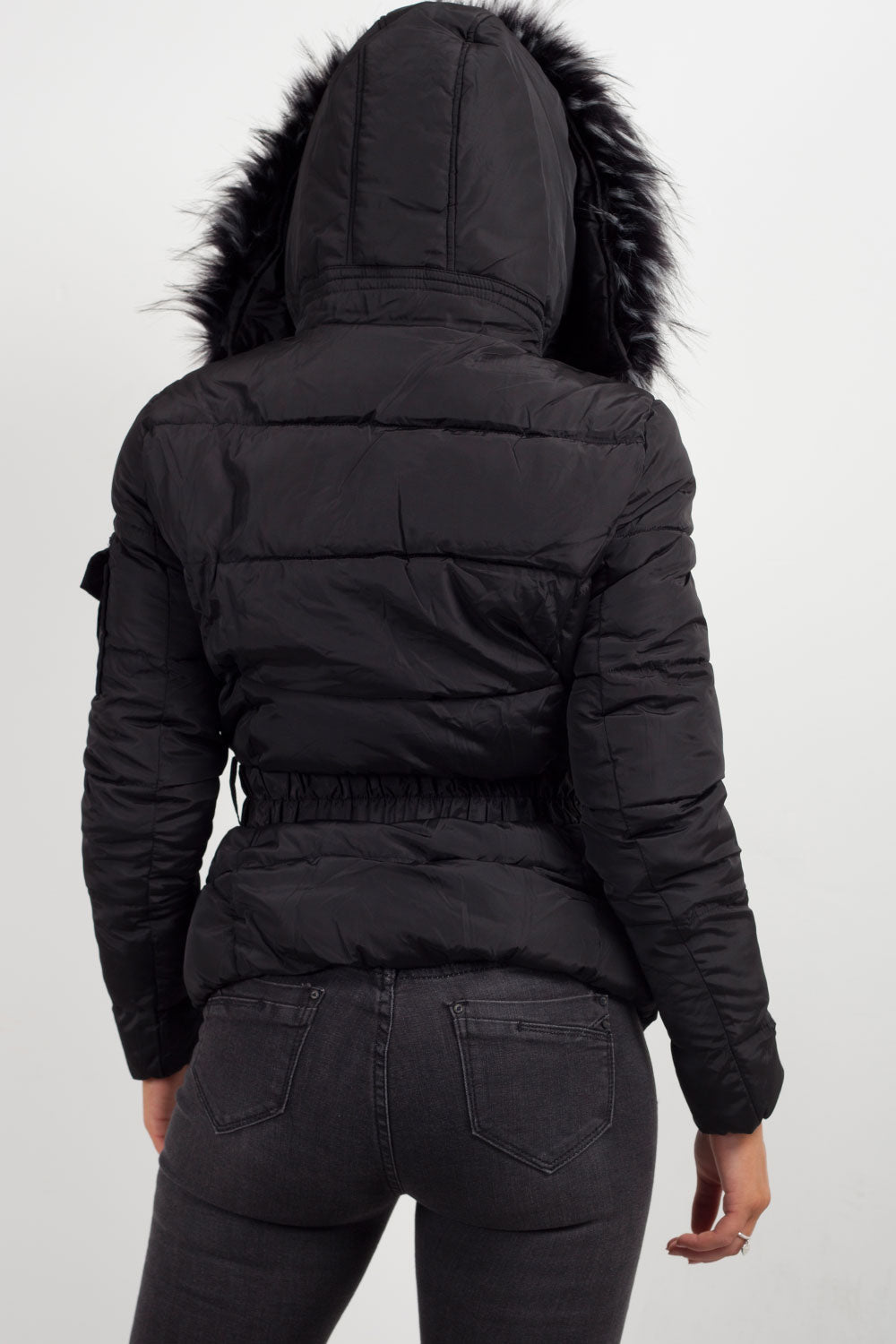 Women's Black Belted Puffer Coat – Quilted, Detachable Faux Fur Hood
