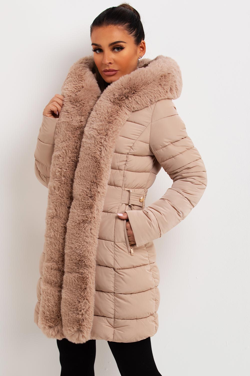 Women's Beige Long Puffer Coat – Belted, Detachable Faux Fur Hood