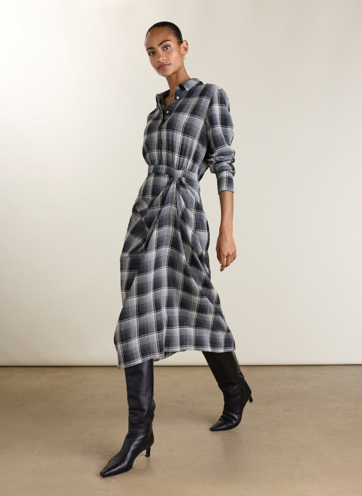 Women's Grey Check Shirt Dress – Midi Collared Workwear Dress