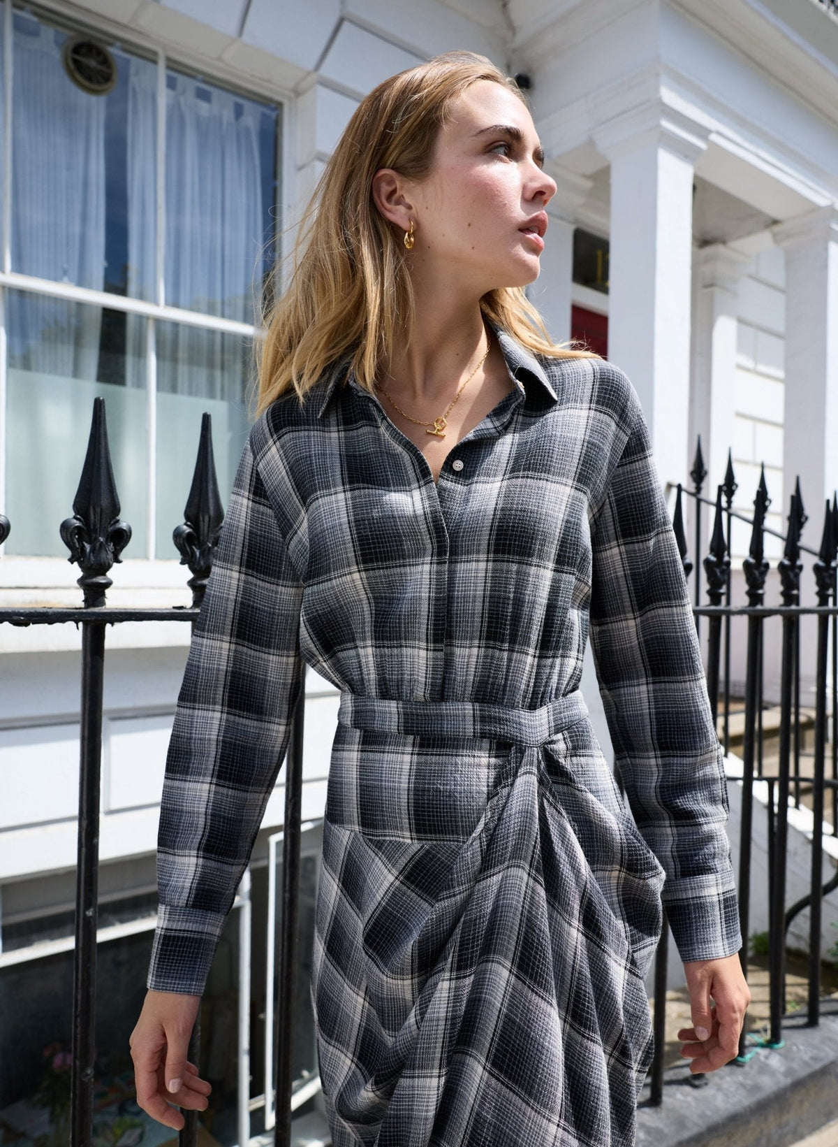 Women's Grey Check Shirt Dress – Midi Collared Workwear Dress