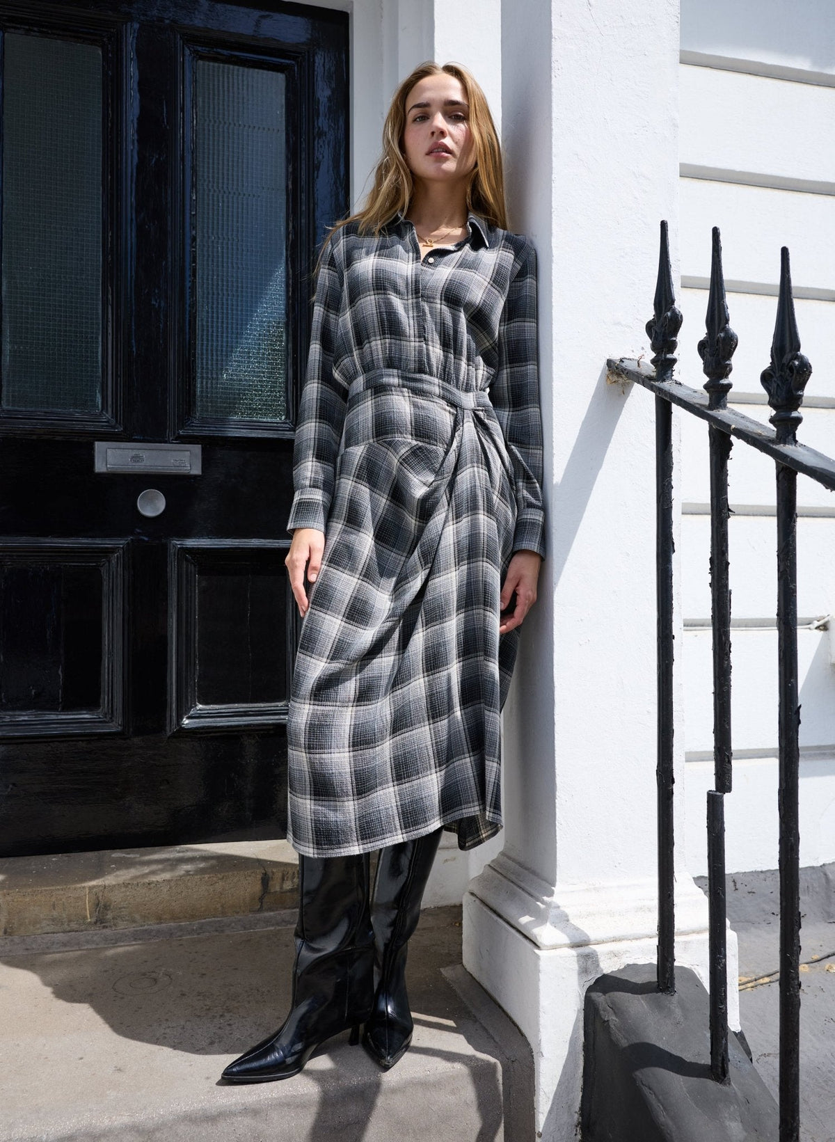 Women's Grey Check Shirt Dress – Midi Collared Workwear Dress