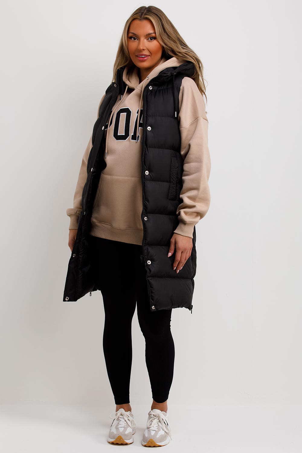 Women's Black Padded Longline Gilet – Hooded Sleeveless Puffer Body Warmer