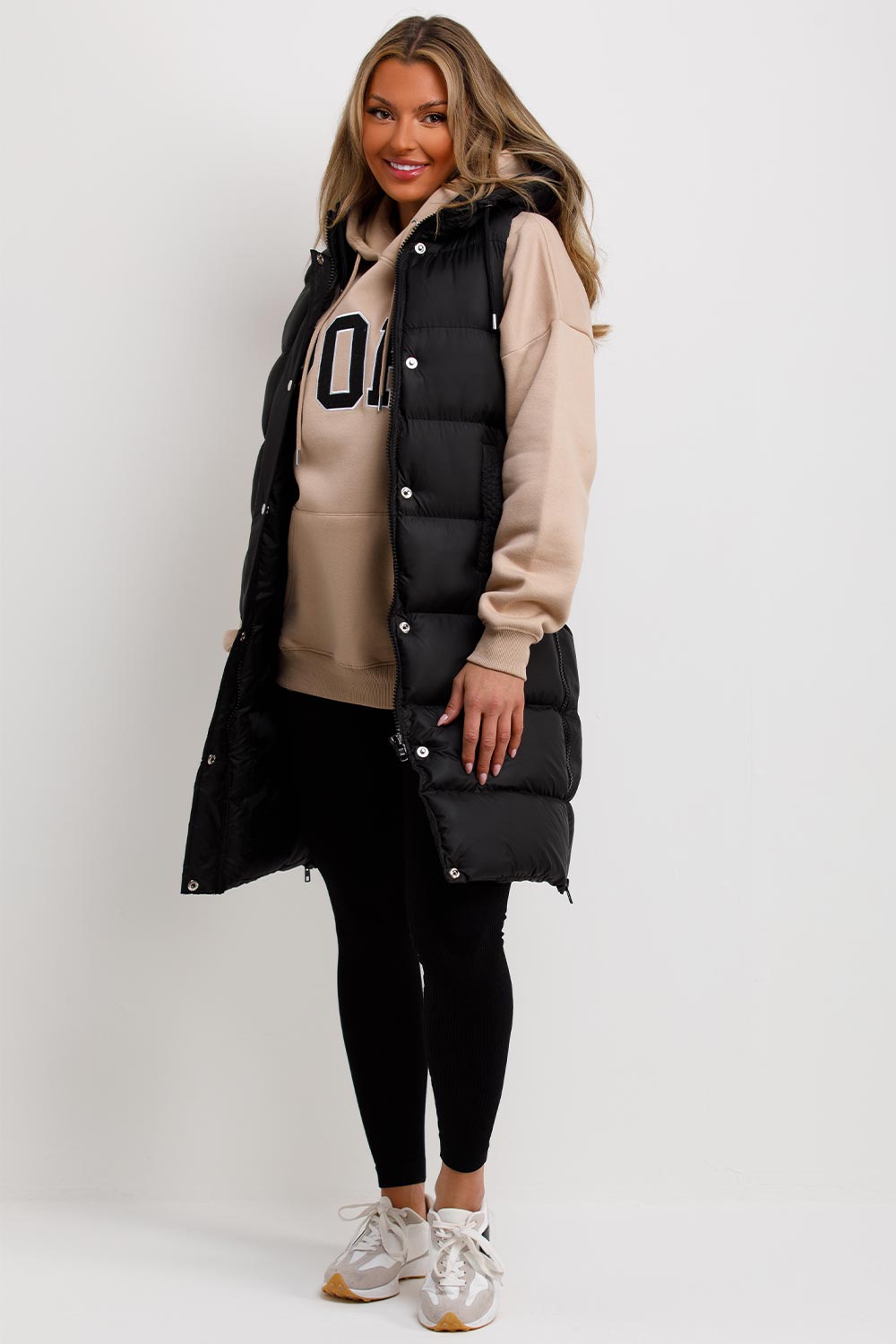 Women's Black Padded Longline Gilet – Hooded Sleeveless Puffer Body Warmer