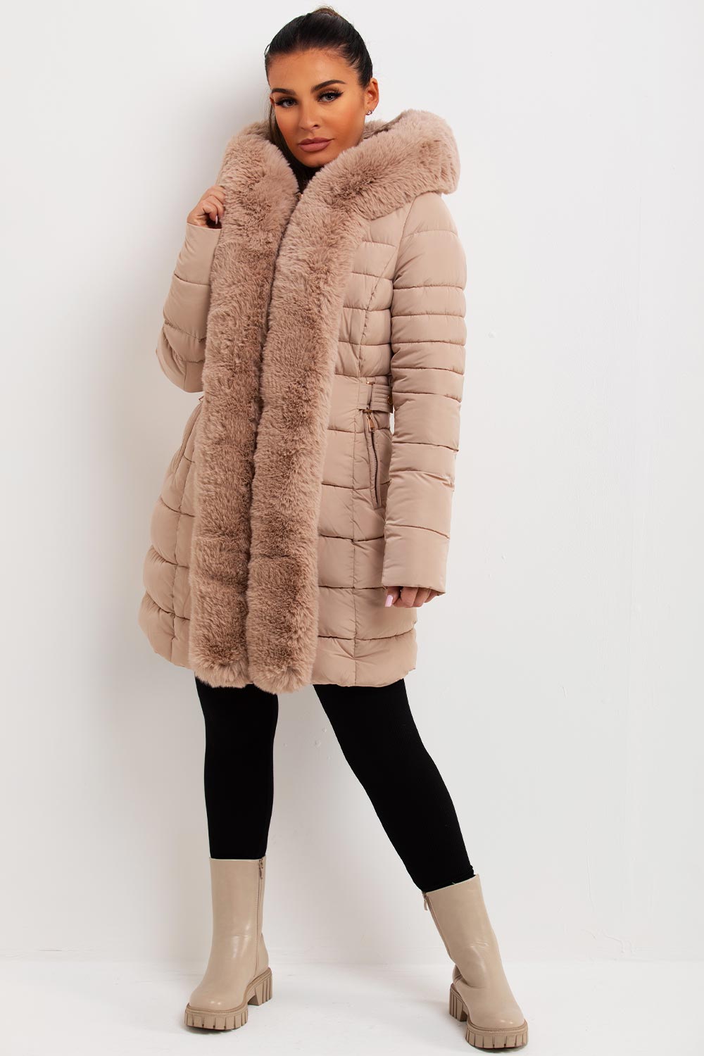 Women's Beige Long Puffer Coat – Belted, Detachable Faux Fur Hood