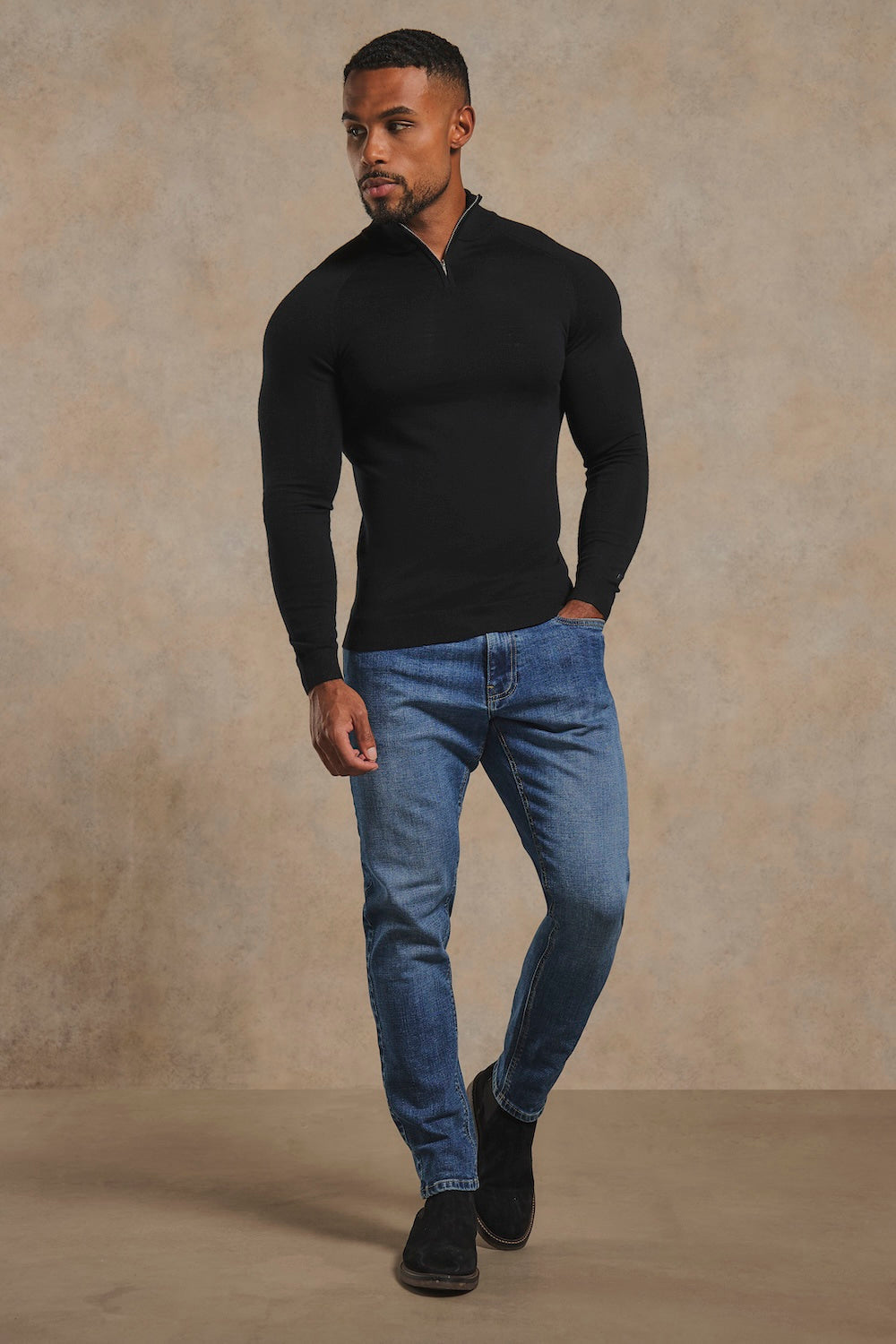 Men's Merino Wool-Blend Half-Zip Jumper – Extra Fine Knit in Black