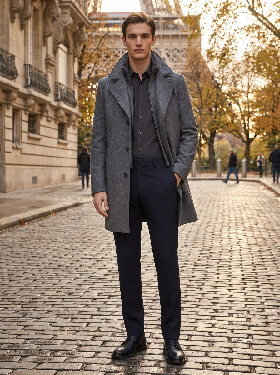 Men's Wool-Blend Overcoat – Slim Fit Mid-Length Coat, 3 Colours