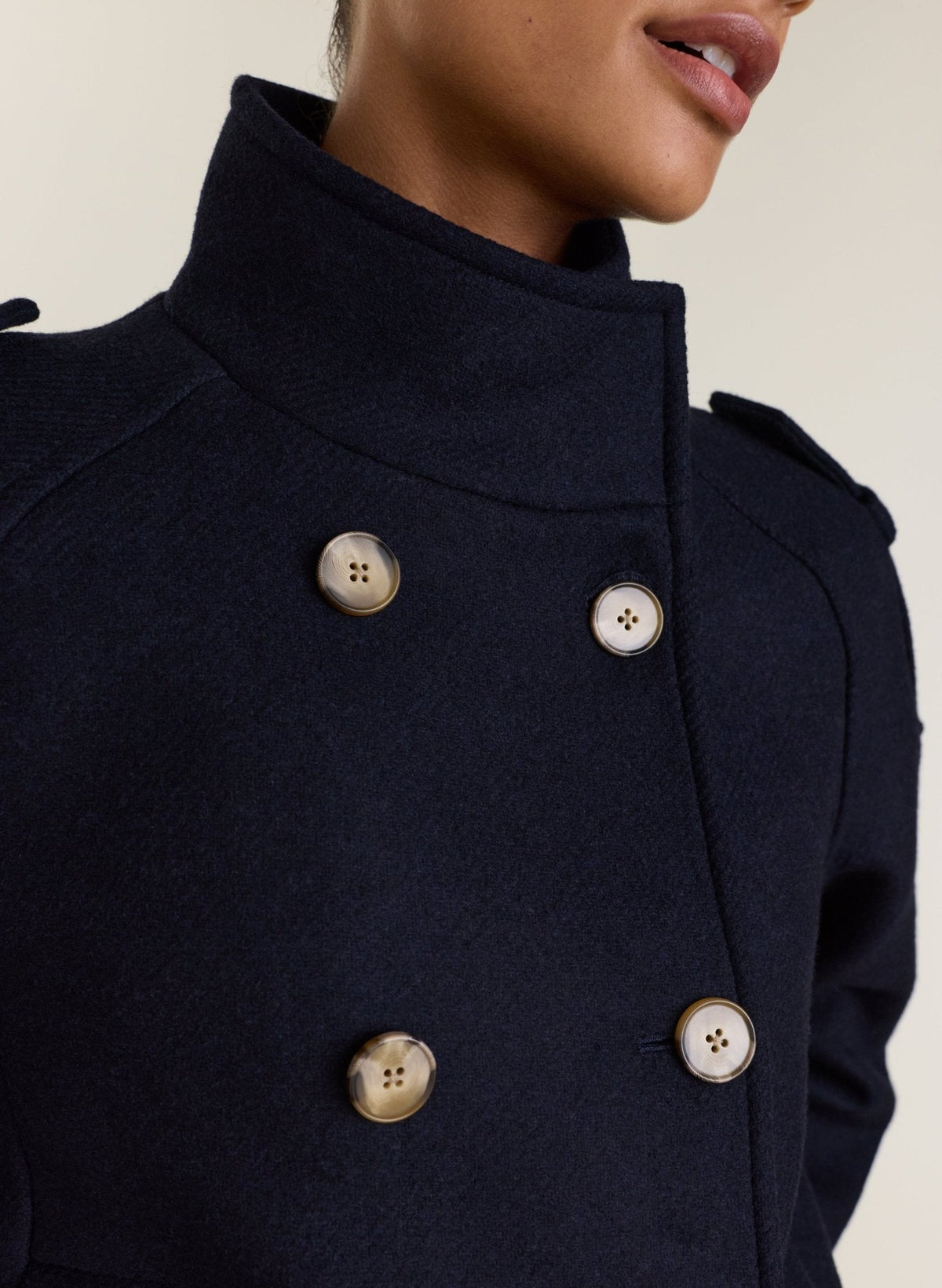 Women's Navy Short Coat – Hip-Length Button Front Melton Coat