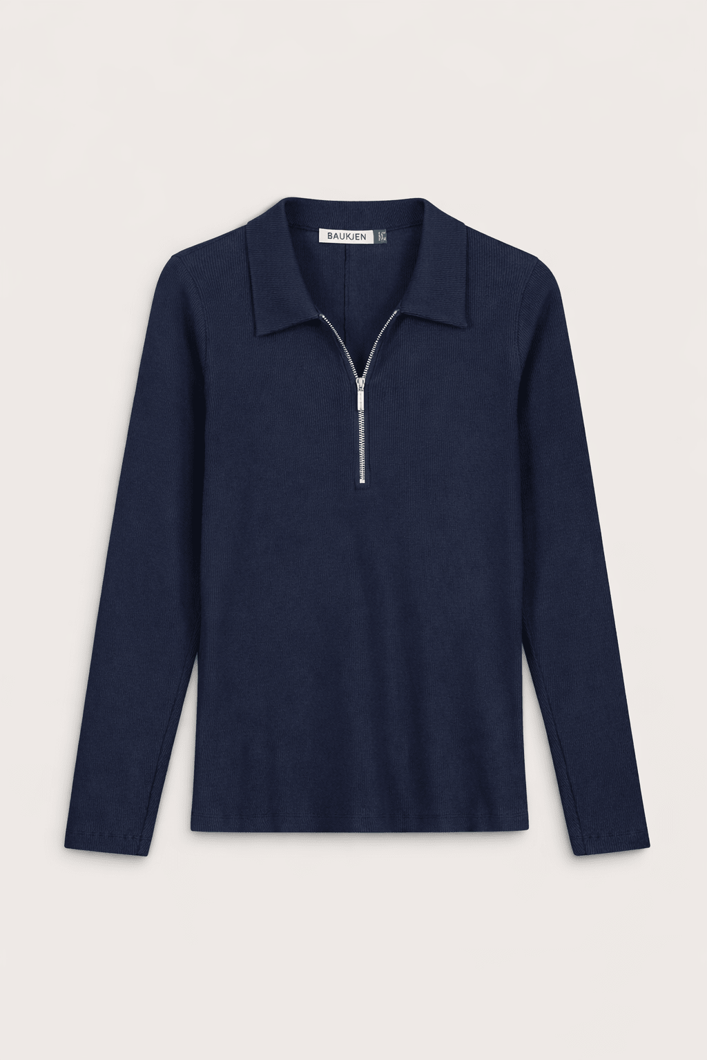 Women's Navy Ribbed Zip Collar Top – Slim Fit Half-Zip Top