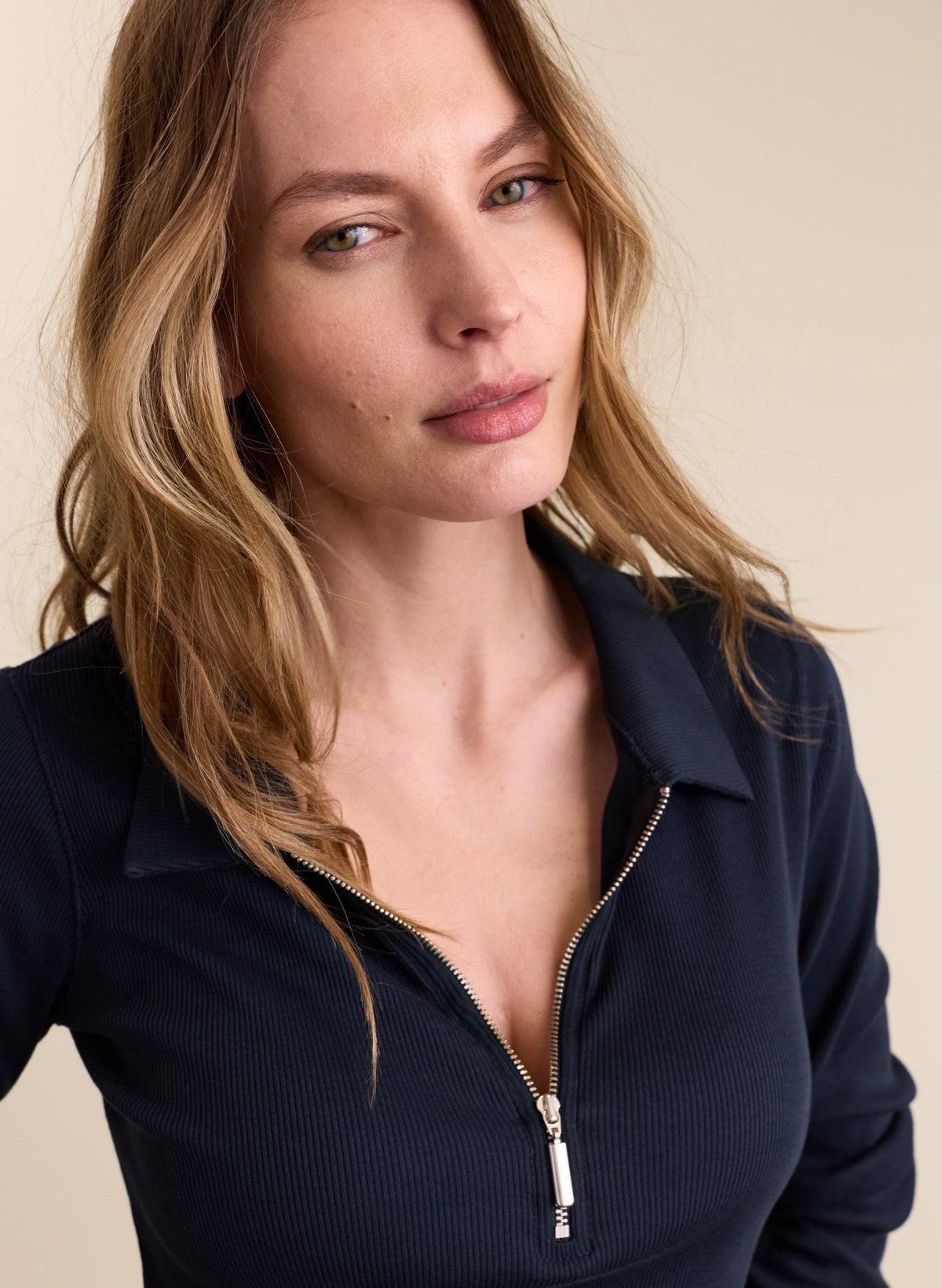 Women's Navy Ribbed Zip Collar Top – Slim Fit Half-Zip Top