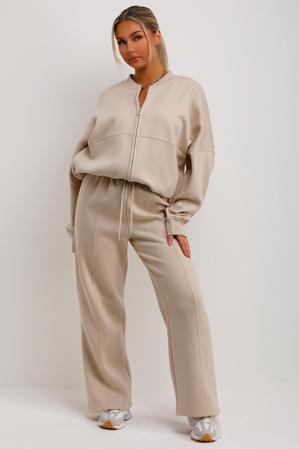 Women's Oatmeal Zip Bomber Sweatshirt & Joggers Set – Loungewear Co-ord