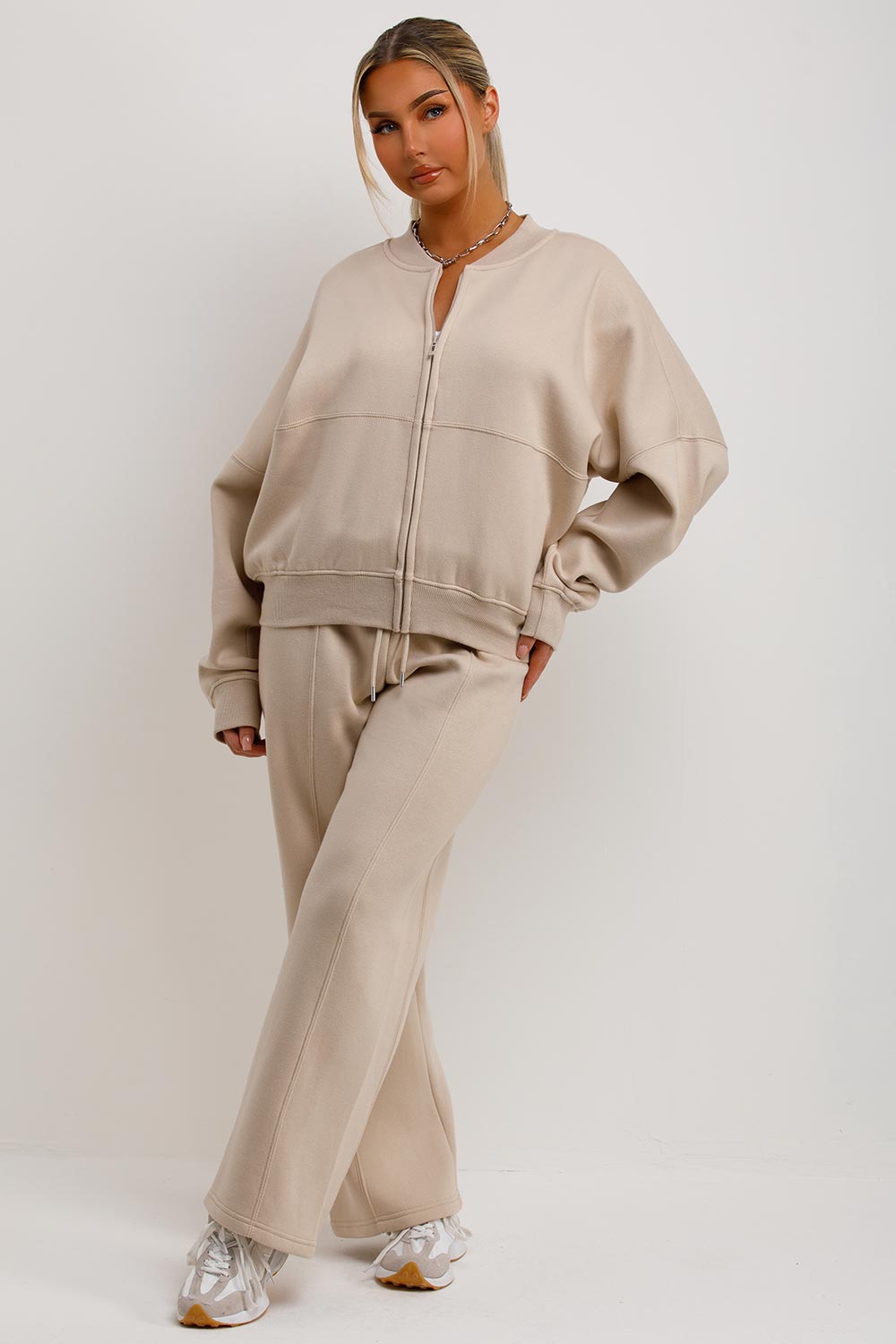 Women's Oatmeal Zip Bomber Sweatshirt & Joggers Set – Loungewear Co-ord