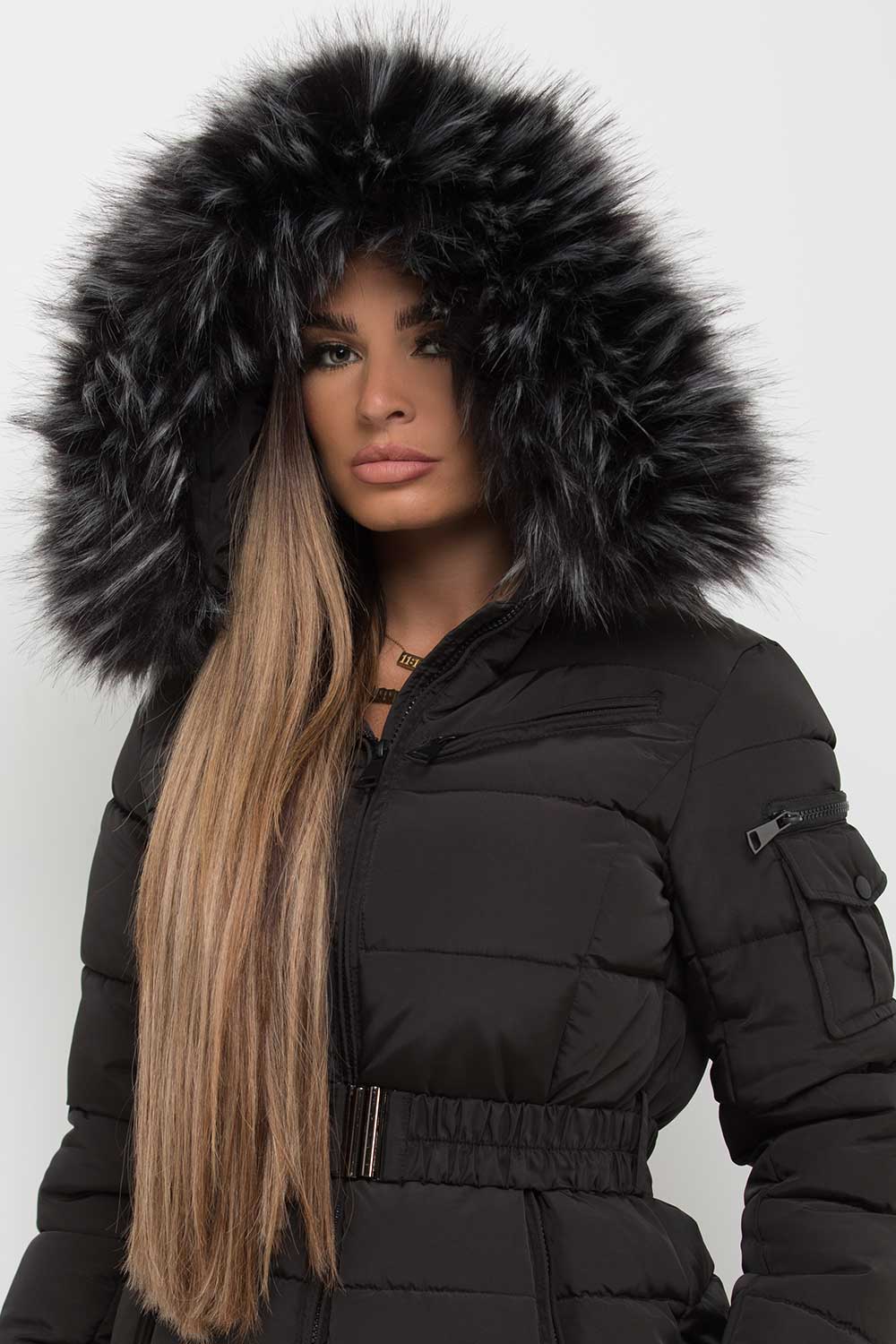 Women's Black Belted Puffer Coat – Quilted, Detachable Faux Fur Hood