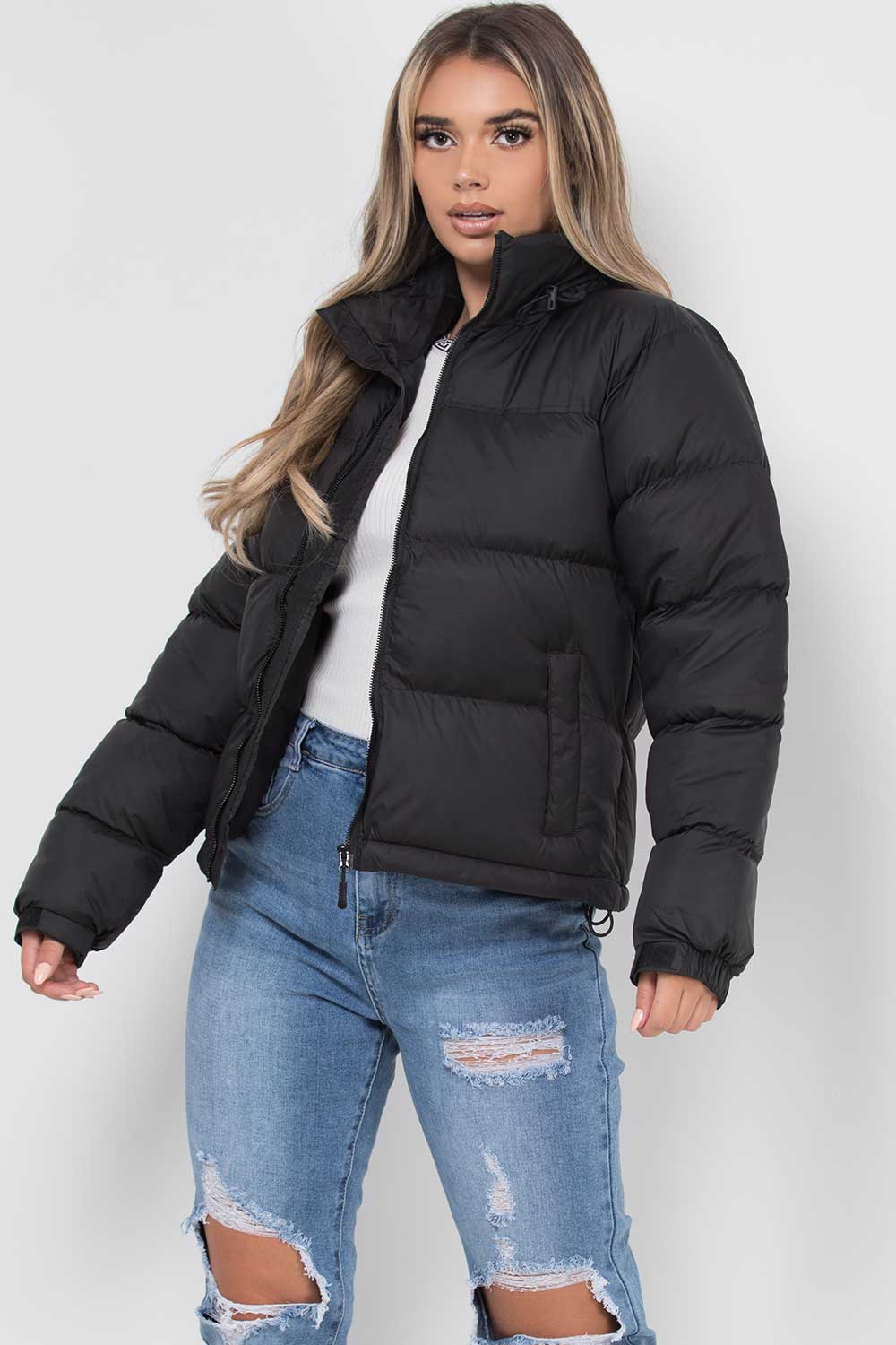 Women's Black Puffer Jacket – Quilted Padded Jacket with Concealed Hood