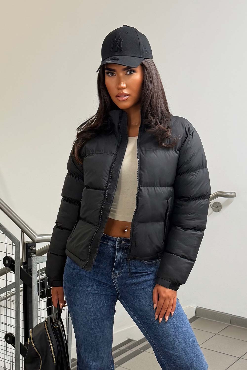 Women's Black Puffer Jacket – Quilted Padded Jacket with Concealed Hood