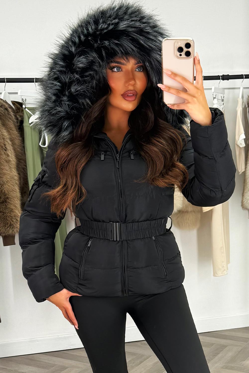 Women's Black Belted Puffer Coat – Quilted, Detachable Faux Fur Hood