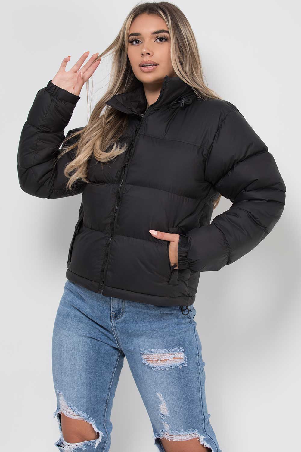 Women's Black Puffer Jacket – Quilted Padded Jacket with Concealed Hood