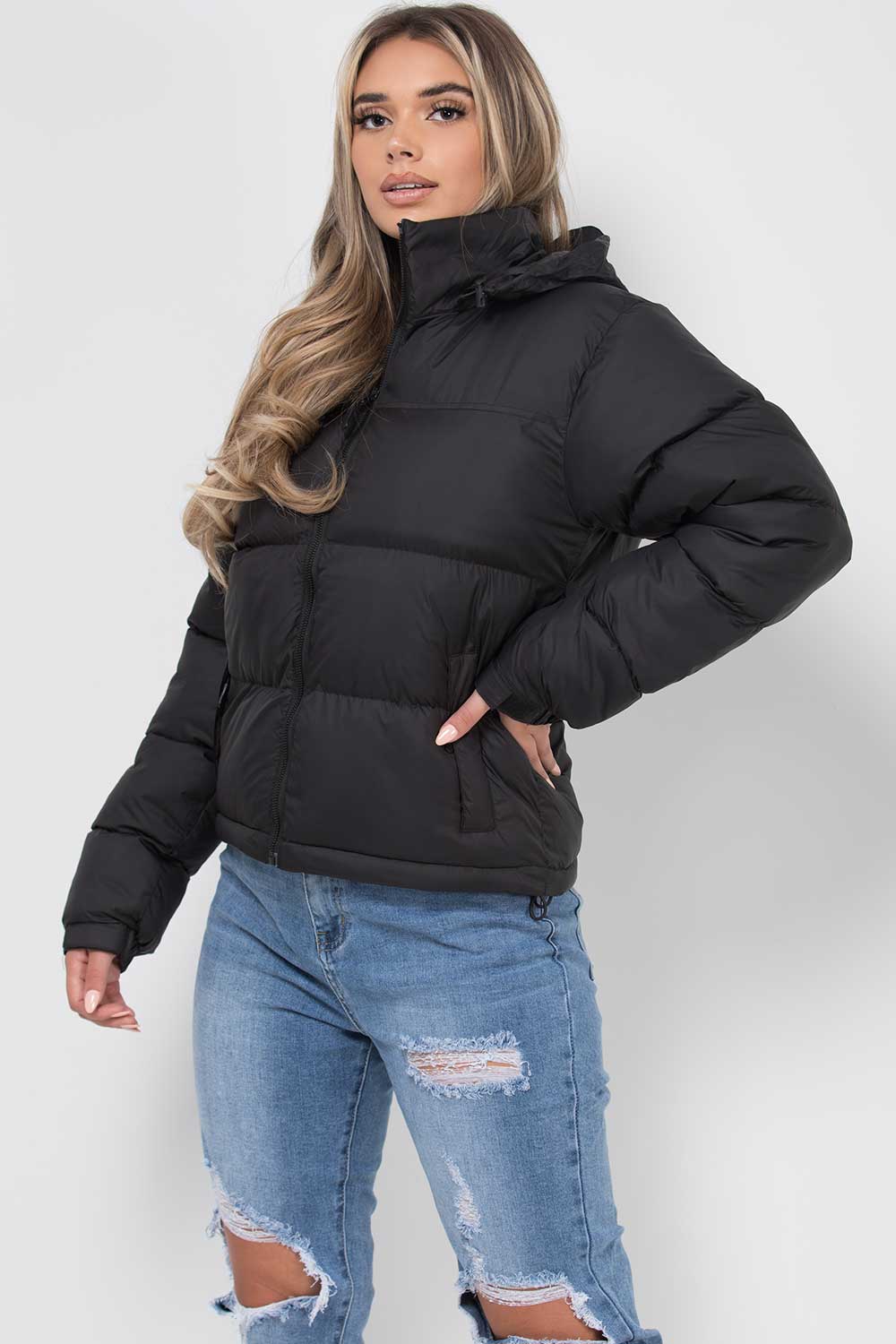 Women's Black Puffer Jacket – Quilted Padded Jacket with Concealed Hood